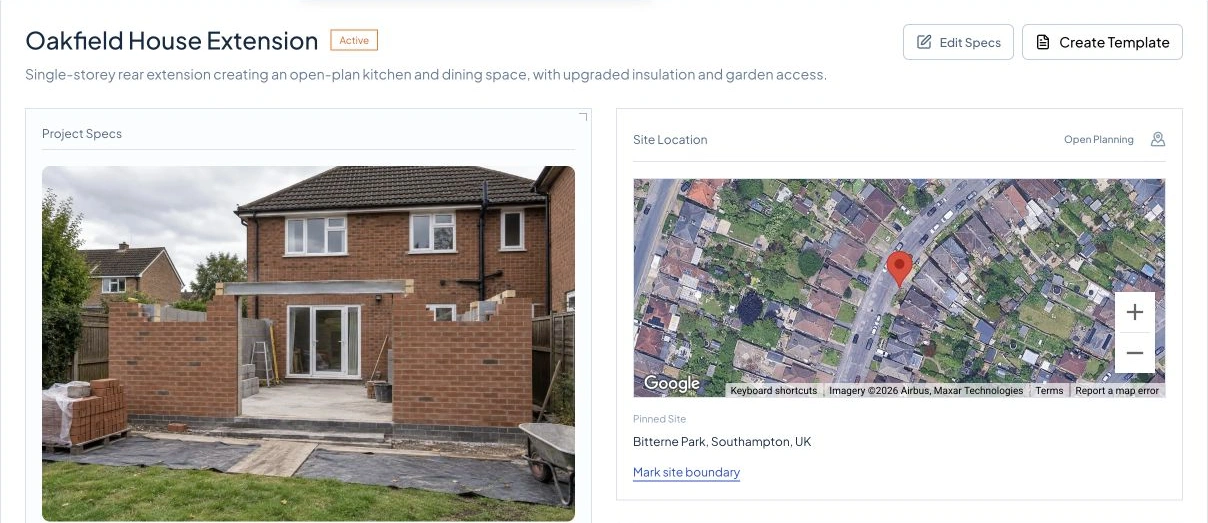 Oakfield House Extension in Jengo, showing a residential extension photo and its Bitterne Park, Southampton site map