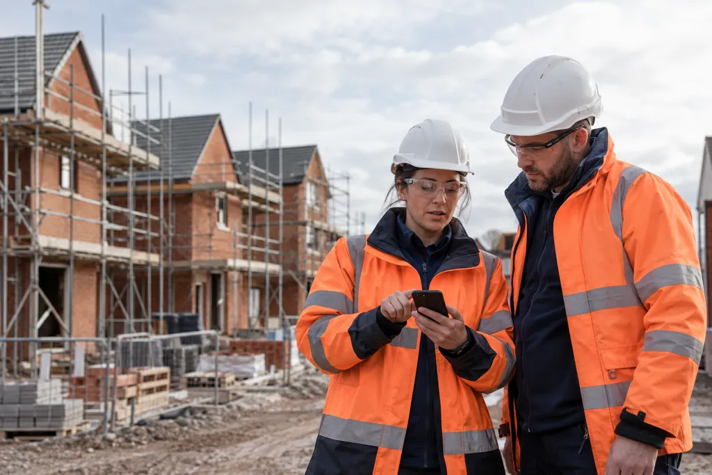 Two site professionals reviewing a phone update beside red-brick houses under construction